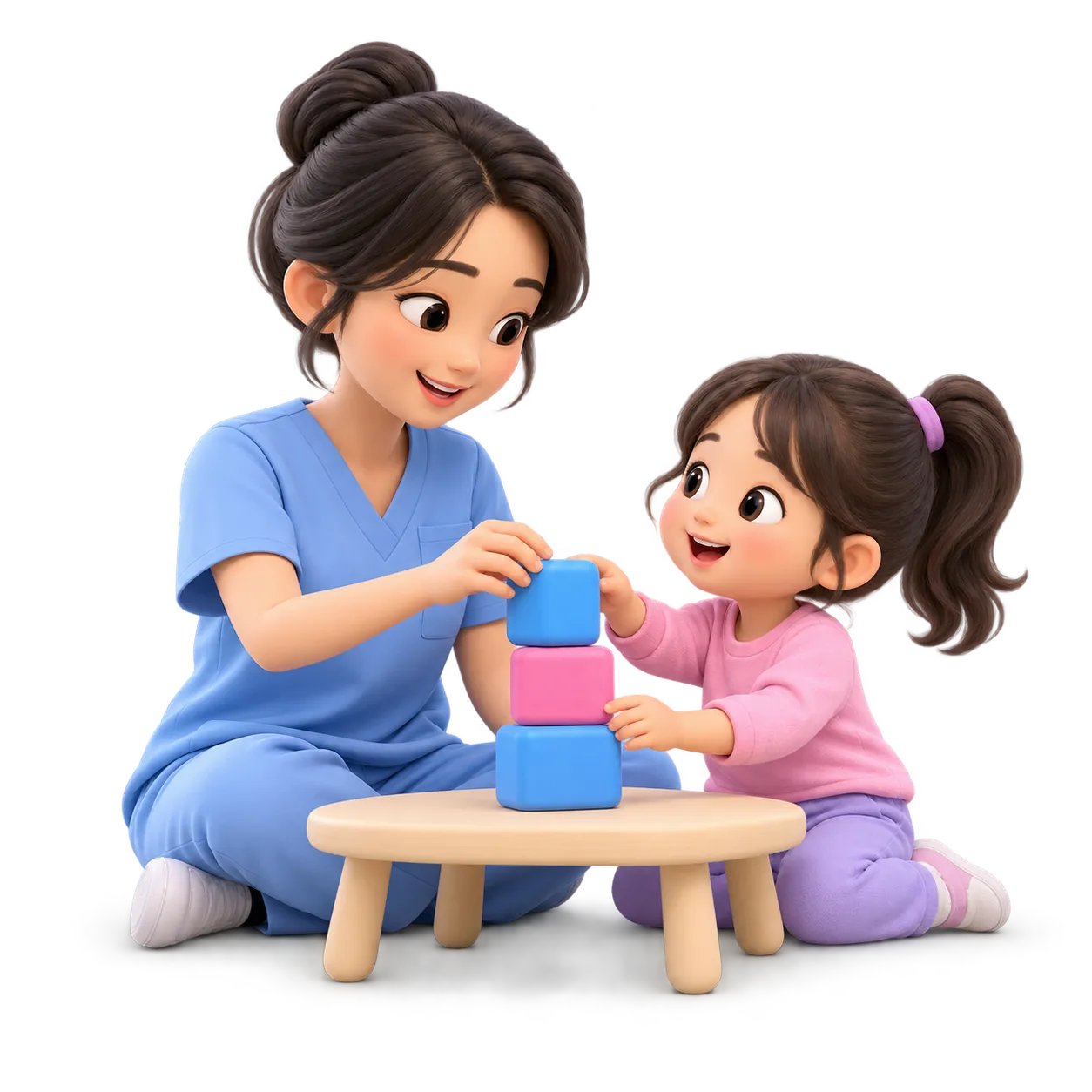 아이와 눈높이를 맞추고 함께 블록을 쌓는 치료사의 3D 일러스트