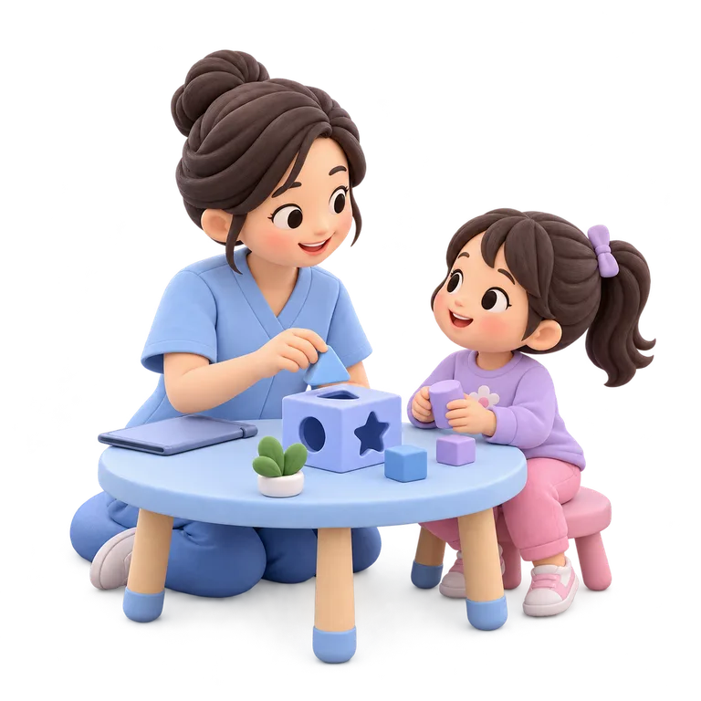치료사와 아이가 작은 활동 테이블에서 도형 맞추기 놀이를 함께하는 3D 일러스트