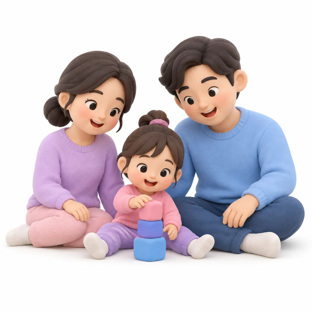 부모와 아이가 함께 블록을 쌓으며 웃는 입체 일러스트
