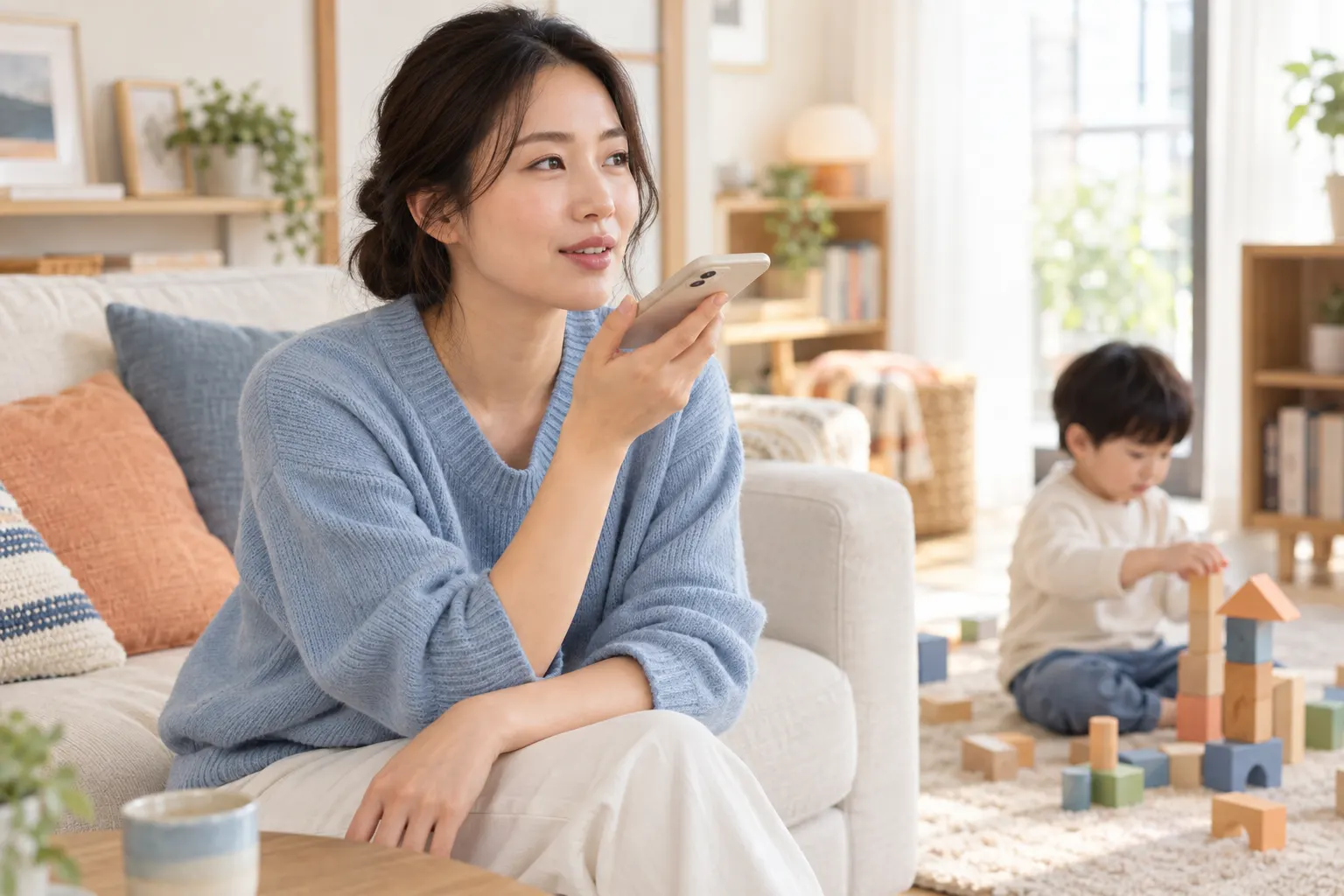 스마트폰에 자신의 하루 메모를 말하는 보호자와 뒤에서 노는 아이를 표현한 AI 생성 이미지